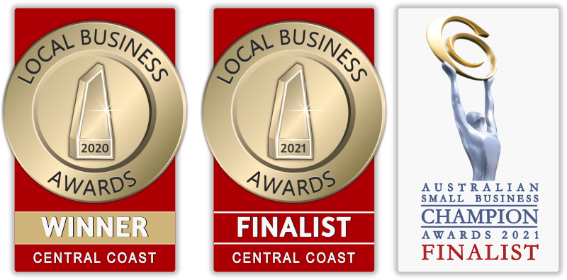 Local Business Awards 2020 Central Coast winner, Local Business Awards 2021 Central Coast finalist, and Australian Small Business Champion Awards 2021 finalist