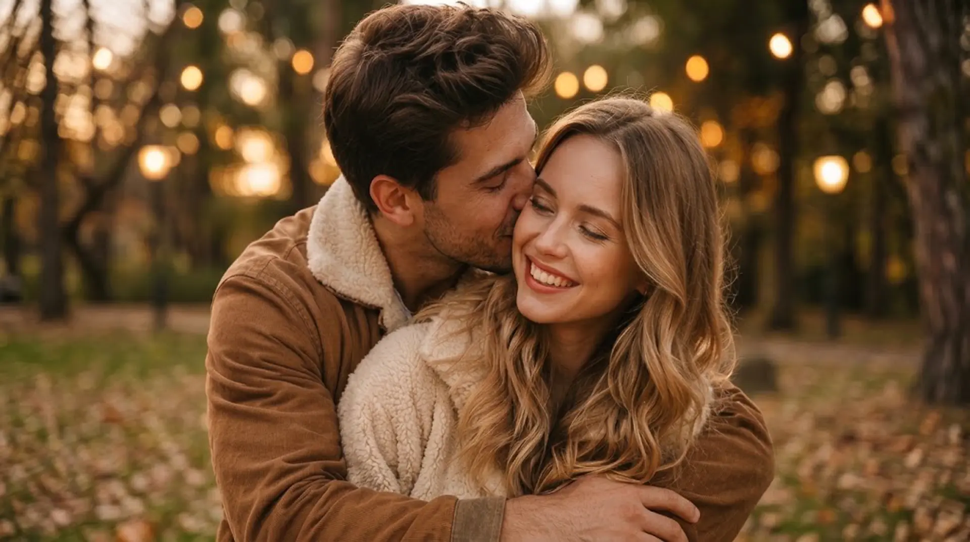A smiling couple embracing outdoors in autumn