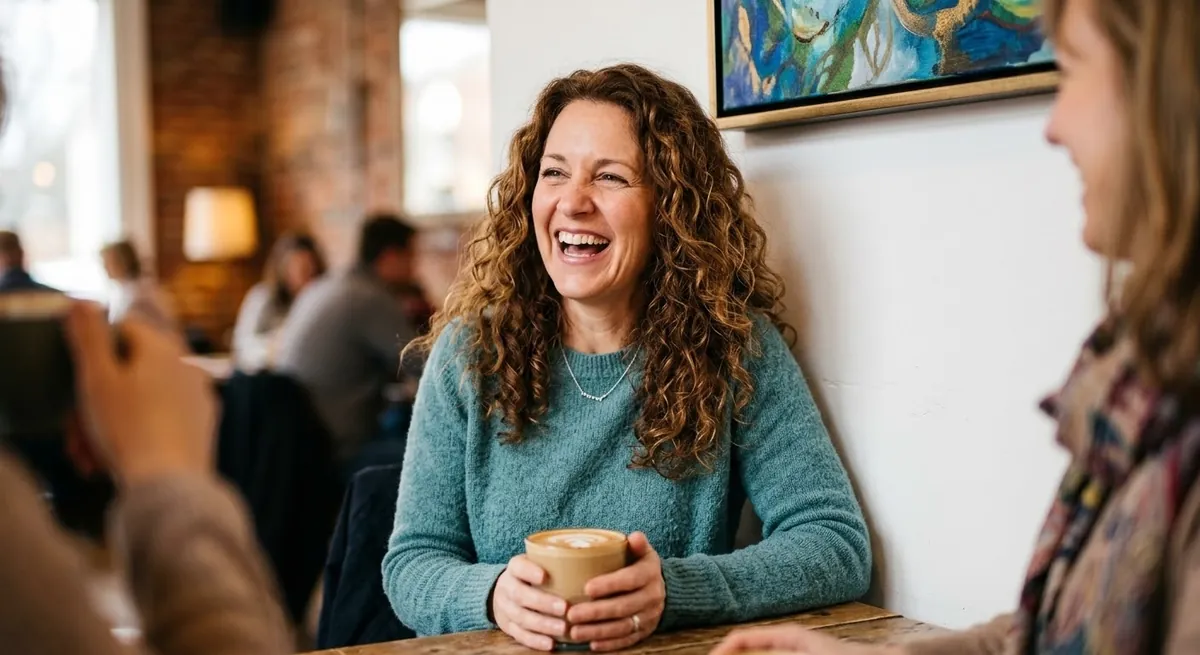 A woman laughing with a friend over coffee