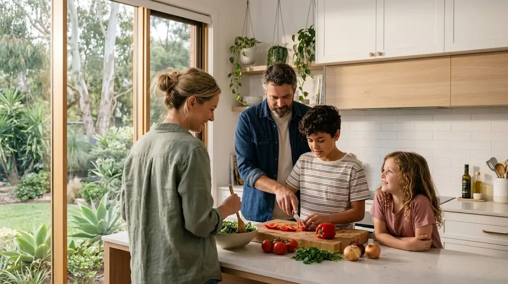 A blended family preparing a meal together in the kitchen