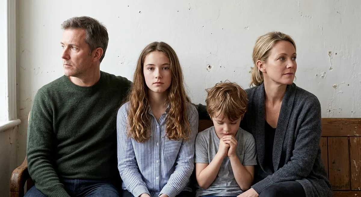 Parents and two children sitting apart on a bench, looking in different directions