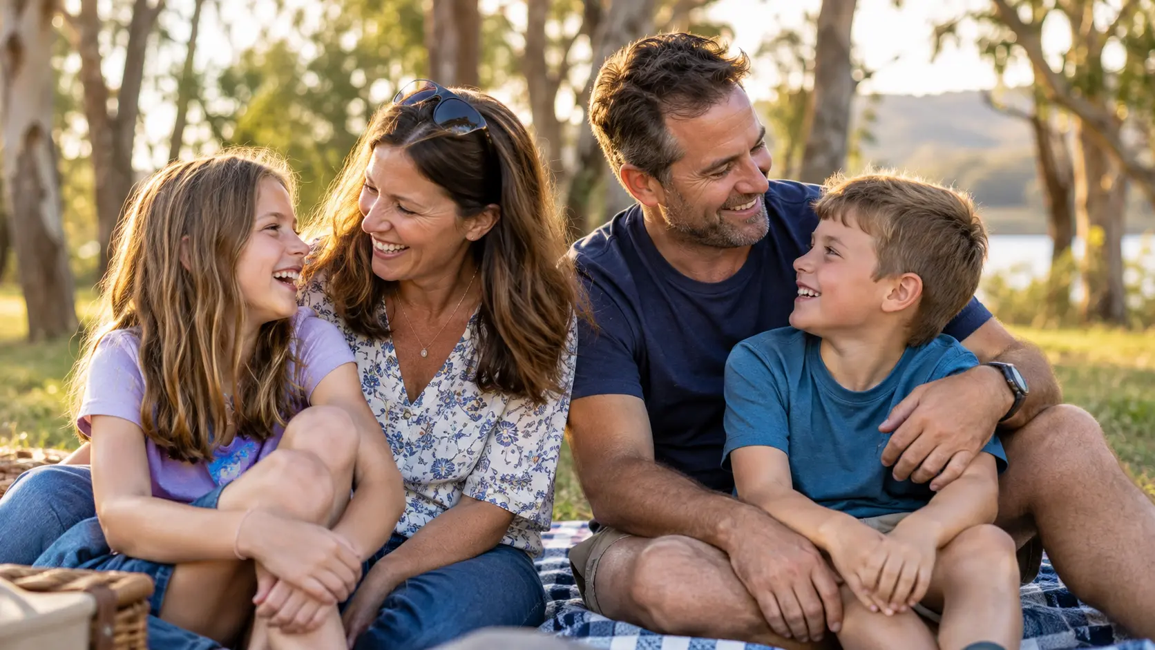 A happy family of four laughing together on a picnic rug in a park
