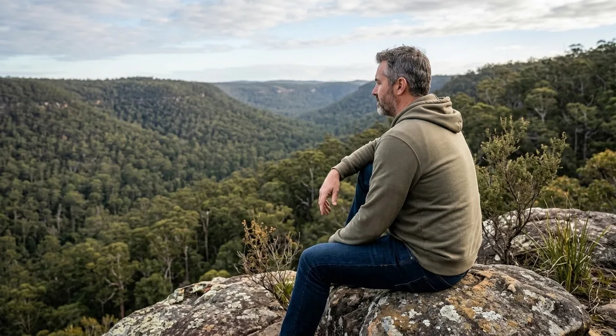 A man sitting alone on a rock, looking out over bushland