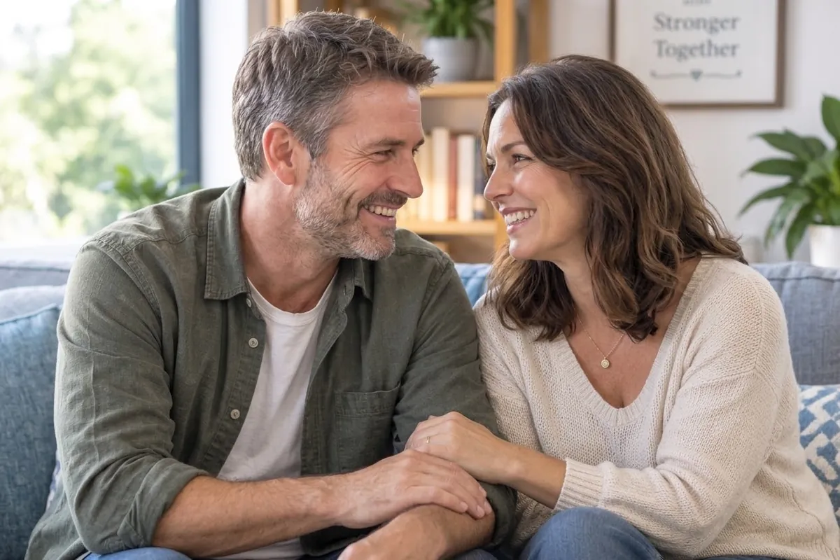 A smiling couple holding hands on a sofa at home