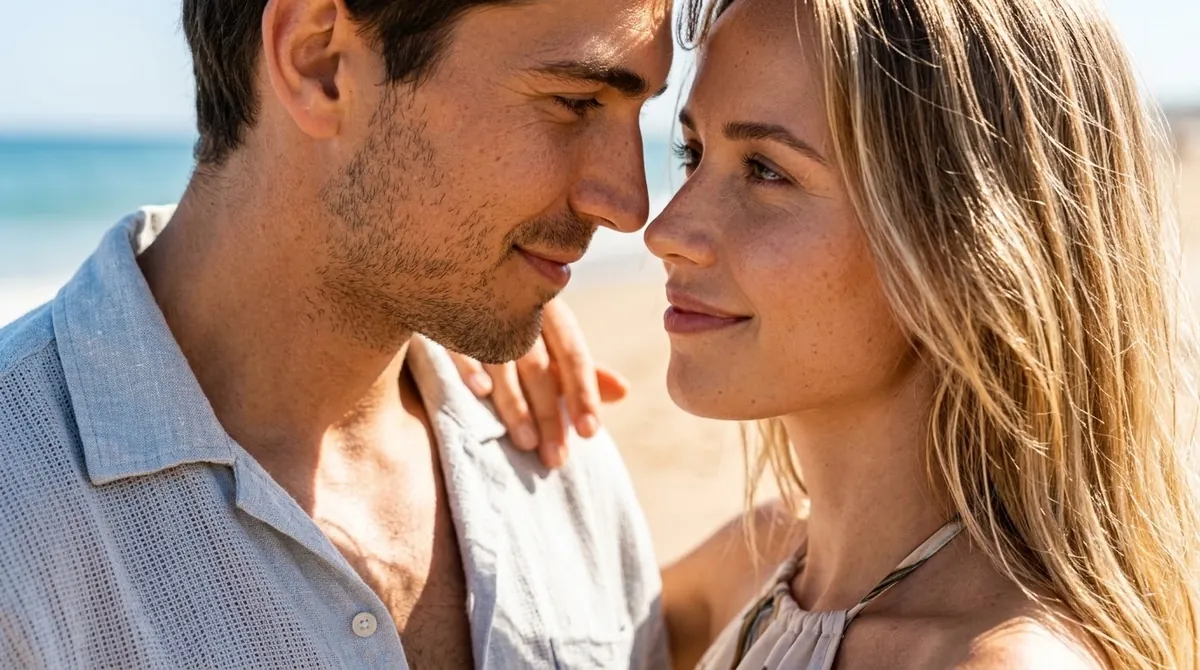 A young couple smiling face to face at the beach