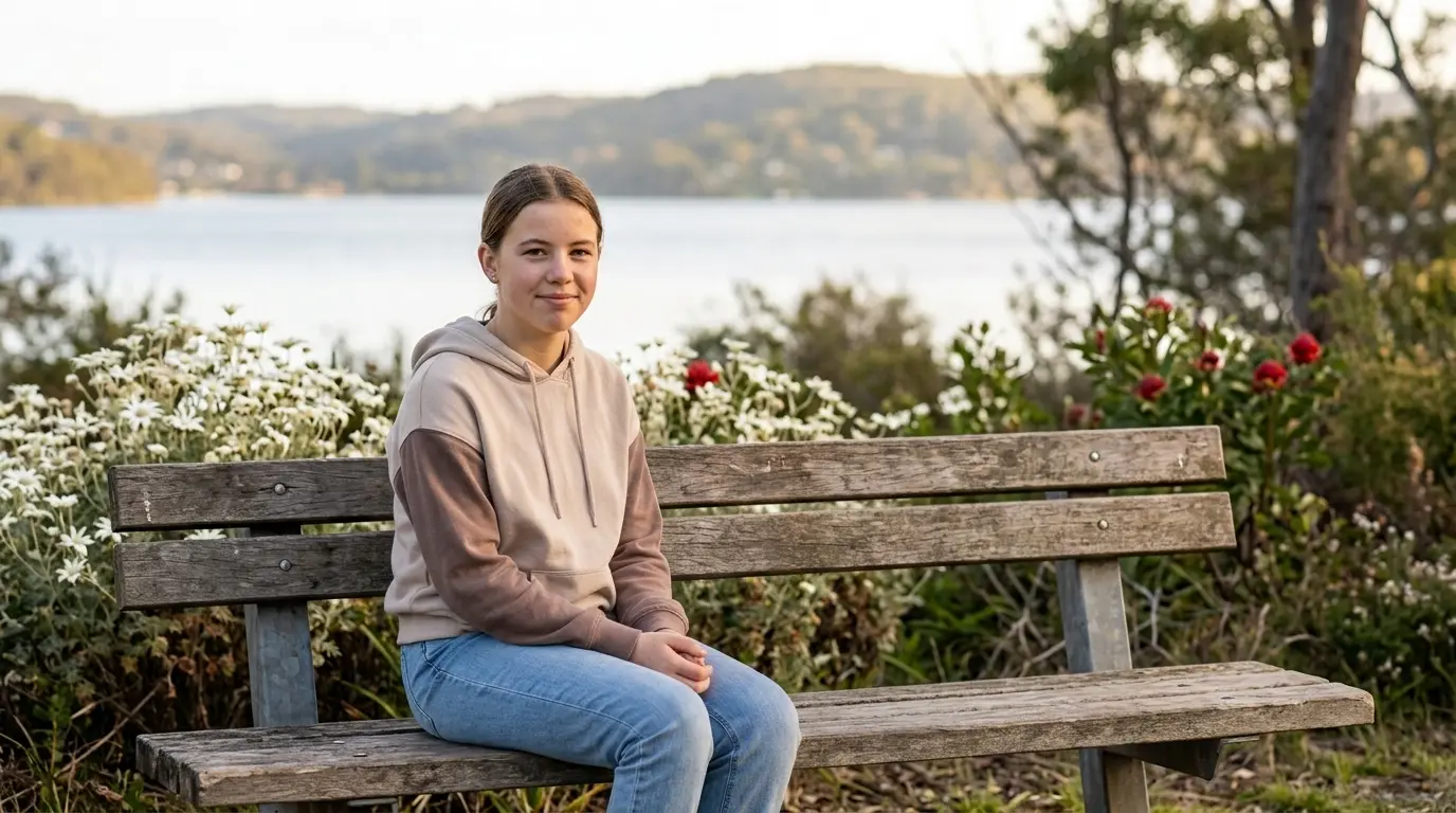 A teenage girl sitting outdoors on the Central Coast, smiling thoughtfully